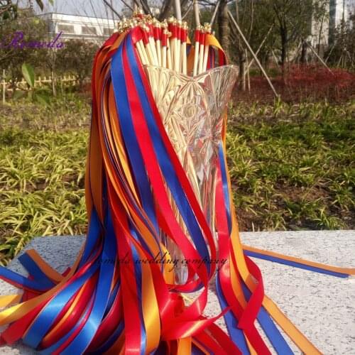 Hot selling blue red and orange stain ribbon wedding wands With gold Bells for wedding