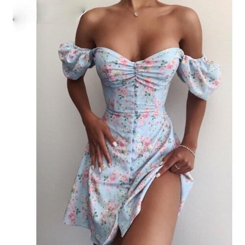 Floral Print Buttoned Mini Dress Women Ruffles Puff Sleeve Sexy Heart Neck Summer Dresses Off Shoulder A Line Dress Vestido