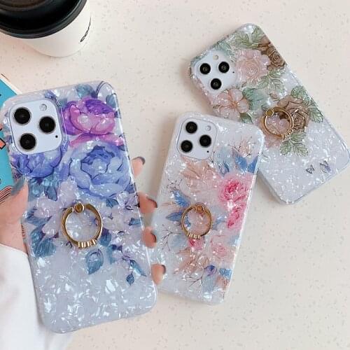 Flower Shell Pattern Soft Phone Case for iPhone 12 Mini 11 Pro XS Max XR X SE 2020 Glitter Floral Finger Ring Stand Holder Cover