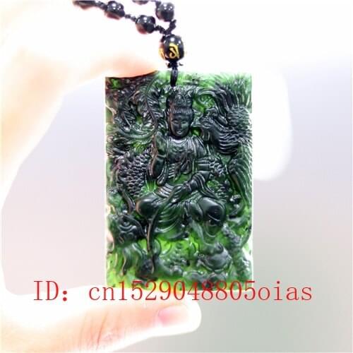 Natural Black Green Jade Phoenix Guanyin Pendant Necklace Obsidian Charm Jewelry Double-sided Carved Amulet Gifts for Women Men