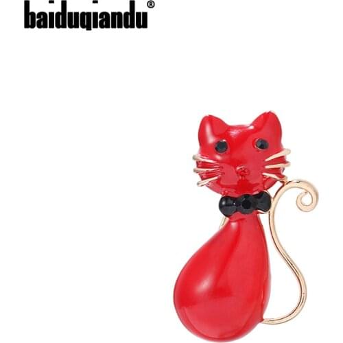 Baiduqiandu Brand 2021 New Arrival Enamaled Cute Red Cat Brooches for Women Girls Costume Jewelry Gifts