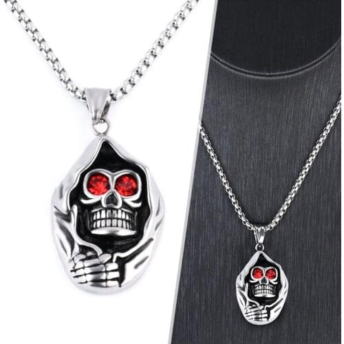 New Evil Red Eye Skeleton Necklace Men Titanium Steel Pendant Necklace Vintage Skull Head Long Chain Necklace Biker Jewelry