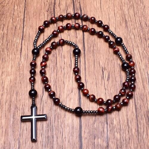 Natural Stone Red Tiger Eye Onyx Catholic Christ Rosary Necklaces With Hematite Cross Pendant Necklace for men women Jewelry