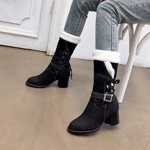 European and American personalized denim boots round toe thick heel medium high boots womens boots 41-42-48 large