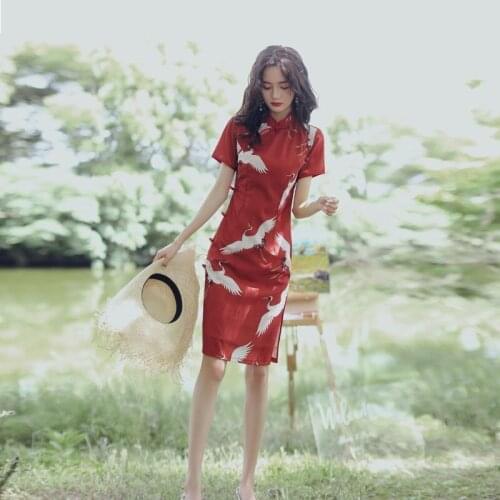 Chinese Style Qipao Dress Women Short Sleeve Cheongsam Loose Side Slit Dresses Oriental Vintage Crane Print Vestidos AA5772