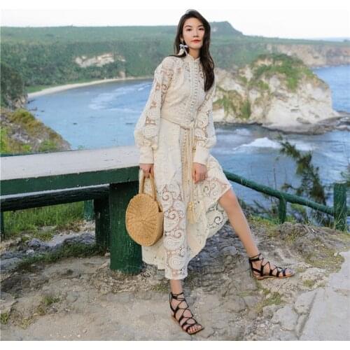 Braided Belt High Waist Womans Dress Hollow Out Lace Embroidery Long Puff Seeve Apricot Vintage Maxi Dress Autumn Beach Dresses