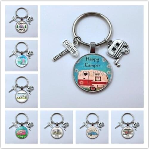 Happy camping cute car travel I camp camper road sign glass cabochon key chain traveler key chain goddess charm wholesale