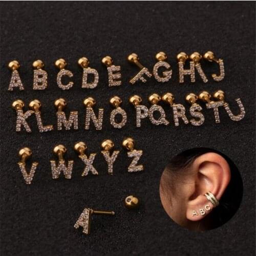 1Pc Stainless Steel Star Crystal Zircon 26 English Letters Cartilage Ear Helix Piercing Jewelry Tragus Conch Small Stud Earring