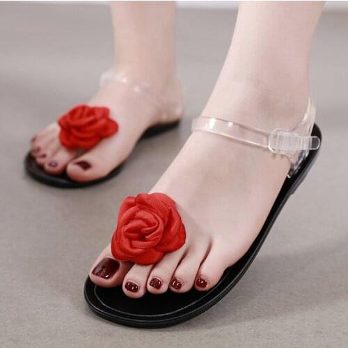 Fashion Bohemian Style Shoes Beautiful Rose Flowers Inlay Jelly Sexy Flat Sandals For Women (Size 35-40)