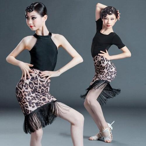 New childrens girls Latin dance skirt tassel Latin Dance Dress Salsa Dance Dress Black Leopard dance hall Tango skirt