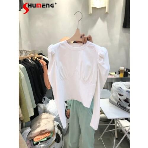 2021 Spring Fall New Fashion Elegant Crew Neck Female T-shirt Padded Shoulder Puff Sleeve Slim Fit Top Korean Simple T-shirt