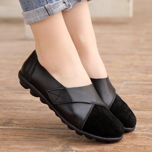 Womens Flat Hook Loop Ladies Mother Shoes Flats Genuine Leather Loafers Wear-resistant Plus Size Female Footwear Plus Size