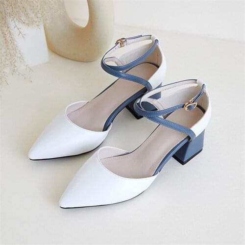 Heels Women Pumps Two Piece Thick Heels Ladies Party blue Shoes Summer Buckle Ankle Strap Footwear Zapatos Mujer sandals