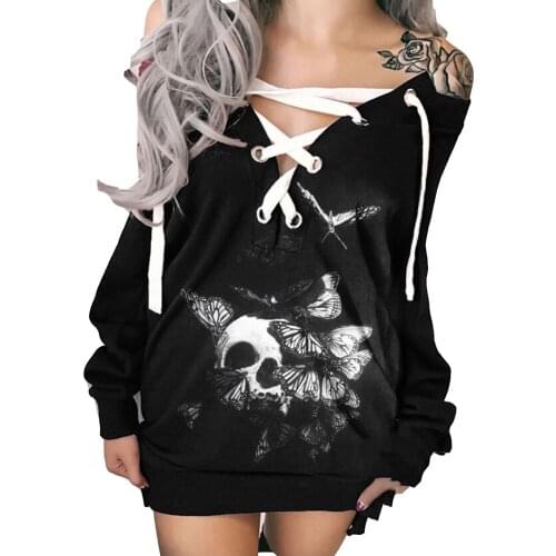 Halloween Party Dresses For Women 2021 Skull Print Mini Dress Streetwear Sexy Lace Up Bandage Hoodies Robes Sweatshirt Vestidos