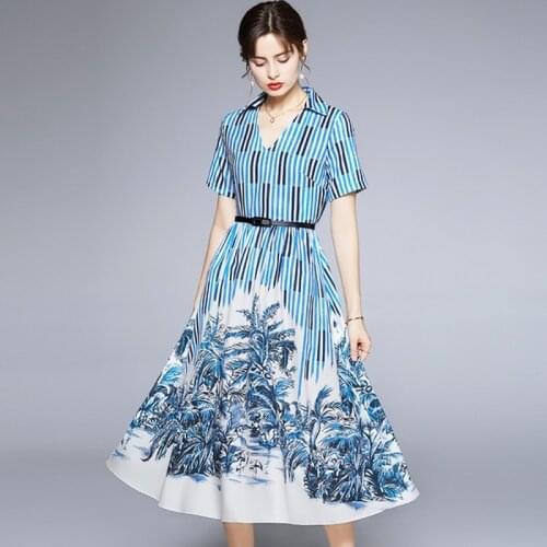 2021 Summer Elegant Blue Striped Flower Print V-Neck Short Sleeve Runway Dress Women Office Vintage A-line Midi Dress With Belt