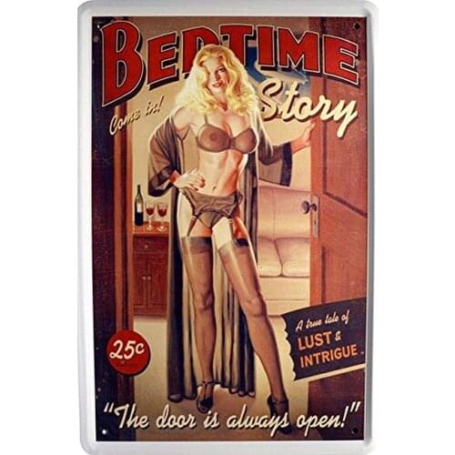 Tin Sign Vintage Chic Art Decoration Poster Pin Up Girl Bedtime Story Always Open for Home Bar Cafe Farm Store Garage or Club