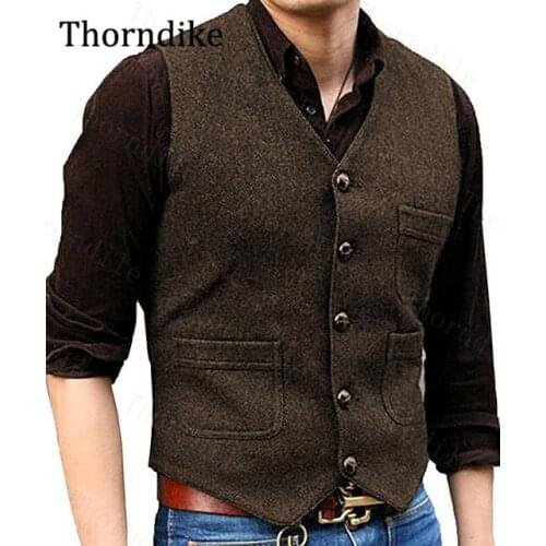 Thorndike Autumn Winter Mens Suit Vests,V-Neck Pockets Wool Herringbone Tweed Waistcoat,Custom Made SoliD Formal Wedding Vest