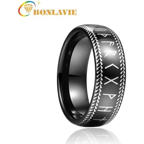 BONLAVIE 8mm Black Laser Phoenician Lettering Tungsten Carbide Ring Wedding Band for Men Rings Engagement Jewelry