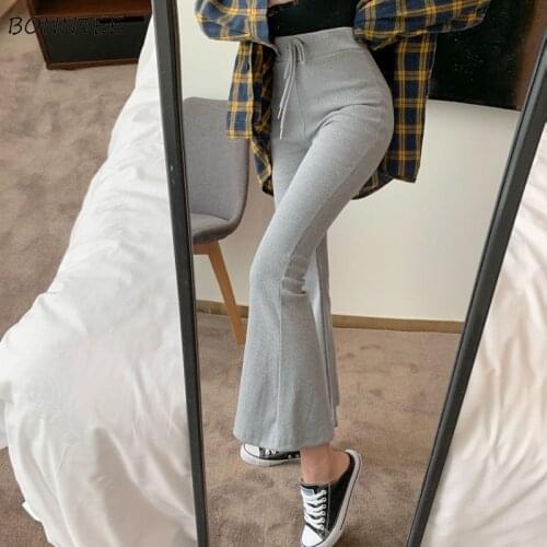 Women Casual Pants Elastic Waist Bandage Solid Flare Slim Retro Fashion Korean Style Stretchy Soft Students Designer Females Hot