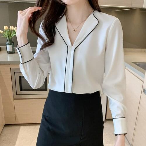 Chikichi 2021 Fall French Shirt Women Contrast V-neck Small Lapel Commuter Solid Long Sleeve Blouse Womens Tops