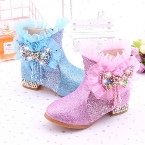 Kids Shining Boots Princess Rhinestone Tassel Plush Snow Shoes Glitter Bow Knot Sequins Ankle Boots Size 27-38 Pink Blue Botas