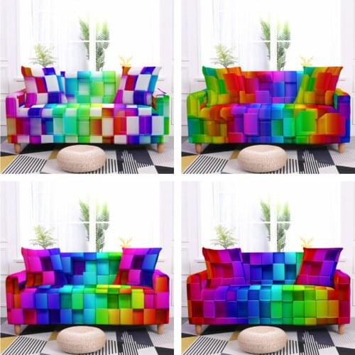 Abstract Plaid Elastic Stretch Spandex Couch Cover Colorful Block Sofa Cover For Living Room Modern Sofa Bed Furniture Protector