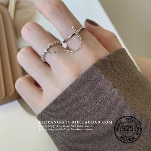 S925 Silver Rings For Women Zircon Original Creative Design Set Chic Senior Niche Cross Chain Two-Piece Luxury Retro INEFFA