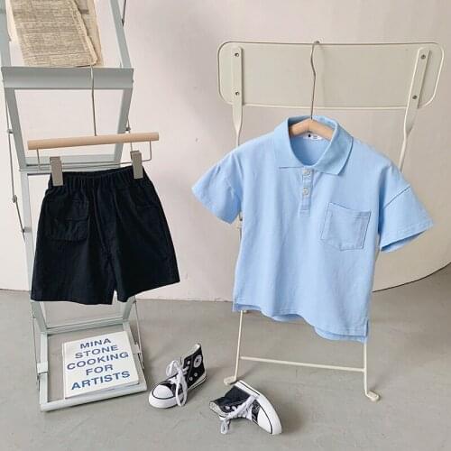 Korean Childrens Clothing 2021 Summer Baby Short-sleeved Turn Down Collar Shirt Boy Green T Shirt Baby College Style Top Tees