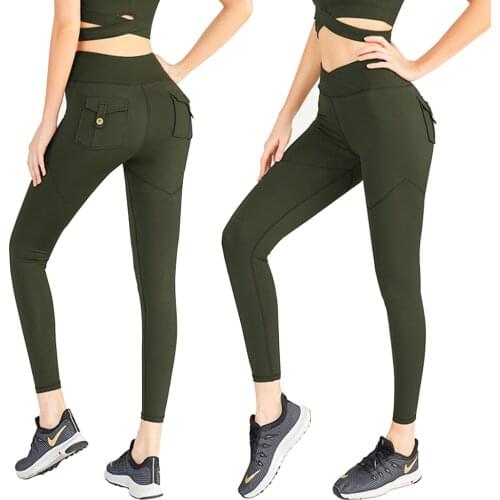 Women Leggings with Pockets Cross High Waist Black Army Green Train Yoga GYM Altheletics Pants