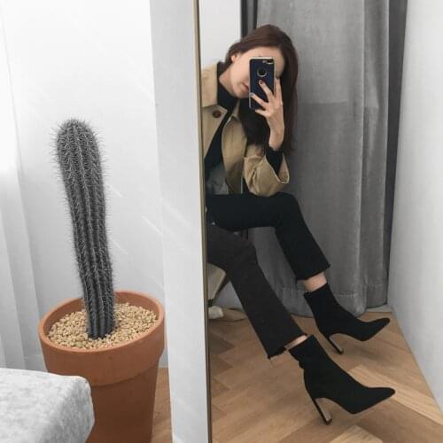 Ladies Fashion High Heel Boots 4CM/6CM Pointed Thick Heel High Heels Leather Naked Boots Size 33-42 Gray Orange Black