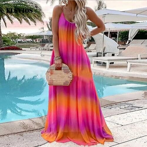 Summer Women New O Neck Spaghetti Strap Chiffon Dress Casual Elegant Print Party Dress Bohemian Beach Holiday Long Dress Vestido