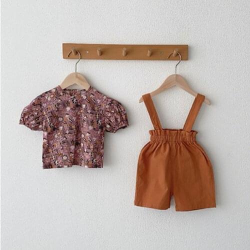 New Baby Girls Clothes Set Cotton Printed Tops Solid Color Overalls 2pc Kids Clothes Casual Outfits Set Toddler Girl Outfits