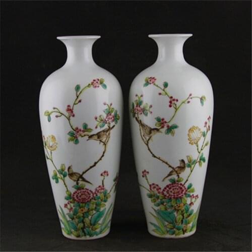 Qing Emperor Qianlong Period Hand-Painted Famille Rose Flowers And Bird Pattern Plum Vase One Pair