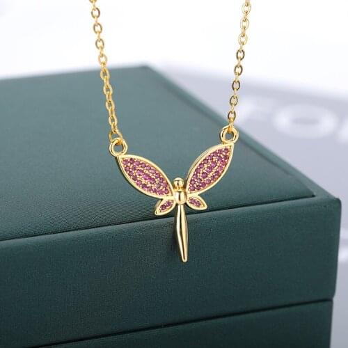 Cute Zircon Dragonfly Necklace For Women Choker Gold Chain Insect Purple Dragonfly Wings Pendant Necklaces Boho Jewelry Collier