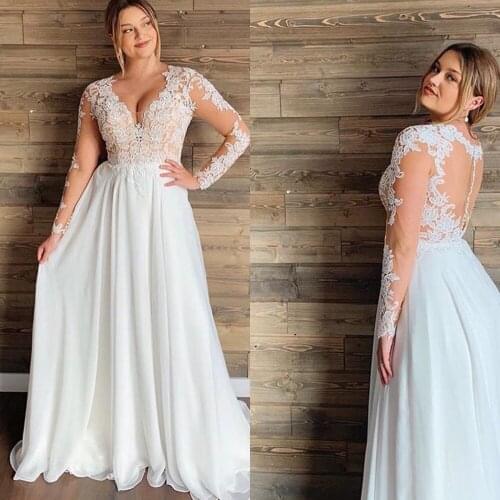 Plus Size Wedding Dress 2020 Long Sleeves Chiffon Appliques Beach Bride Cheap High Quality