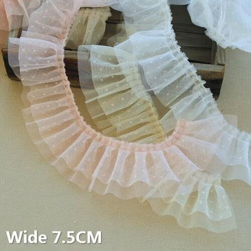 7.5CM Wide Luxury Double Layers White Pink Apricot Pleated Lace Embroidery Ribbon Ruffle Trim Collar Dress Sewing Splice Fabric