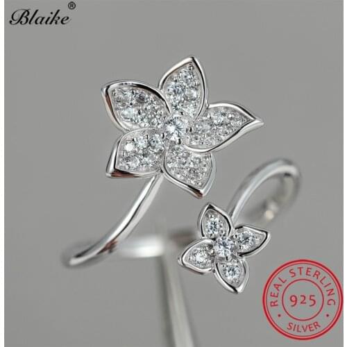 S925 Sterling Silver Rings For Women Cute Plant Flower Ring Wedding Bands Open Adjustable Promise Engagement Ring Bridal Jewelry