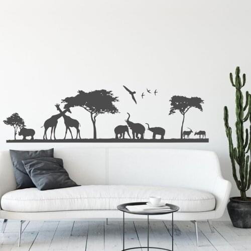 Safari Animal Wall Decal Jungle Wall Stickers, Safari Landscape Africa Jungle Scene Elephants Giraffes Tree Art Decal 2191