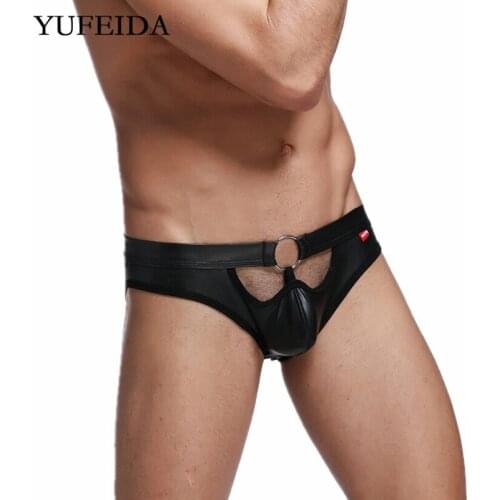 Sexy Mens Underwear Gay Black PU Leather Open Butt Underpants Male Gay Sissy Panties Mens Briefs Bulge Pouch Cueca Masculina