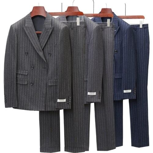 Navy Blue Grey Double Breasted Men Suit Wedding 2 Pcs Blazer Trouser Set Slim Fit Double-Vent Peak Lapels Business Casual Suits