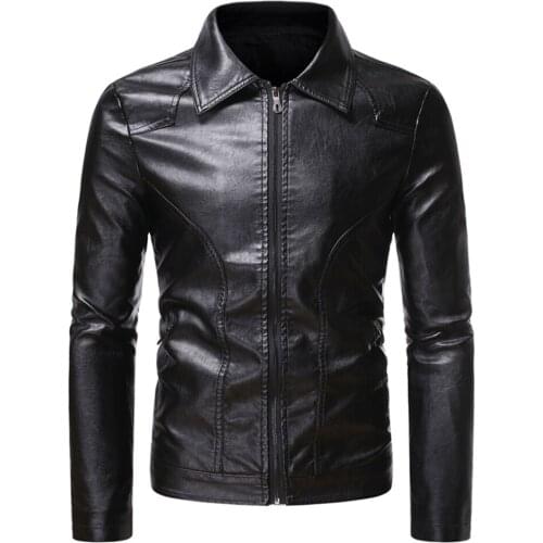 2021Spring and Autumn Fashion Casual Mens Solid Color Lapel Zipper Pocket Slim PU Motorcycle Mens Leather Jacket