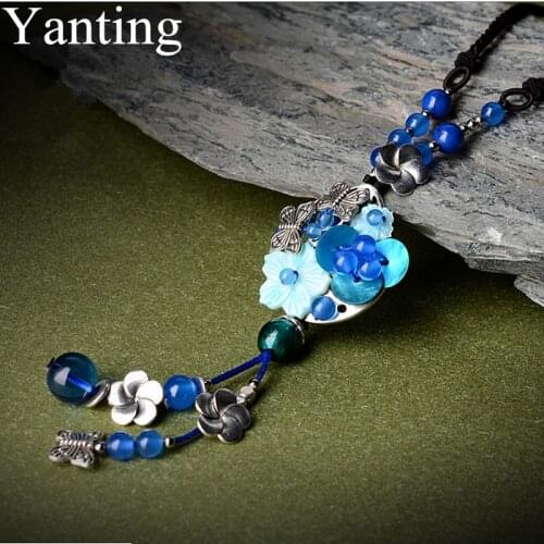 Yanting Vintage Blue Pendant Necklace For Women Ethnic Shell Flower Butterfly Long Sweater Chain Glass Glazed Stone Necklace 060