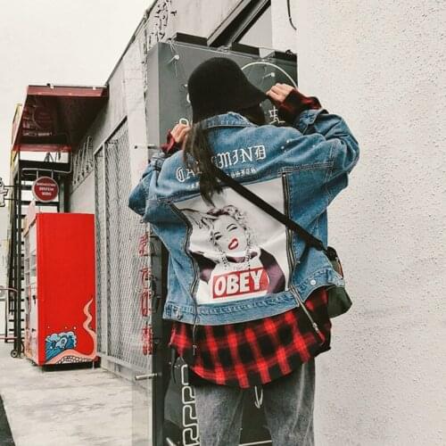 2020 Fashion The New Loose Zipper Hole Printing Denim Jacket Free Shipping