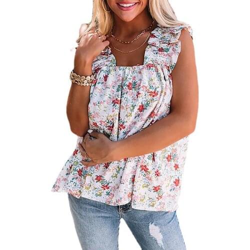 2021 Fashion Floral Square Neck Sleeveless Casual Loose Womens Shirt
