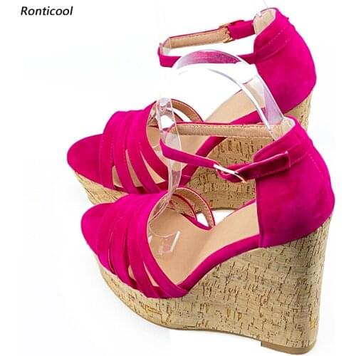 Ronticool Handmade Womens Sandals Ankle Strap Wedges Heels Open Toe Beautiful Fuchsia Purple Blue Party Shoes US Plus Size 5-20