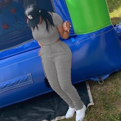 Stacked Drawstring Pants 2 Piece Set Women Casual Sportswear Short Sleeve Crop Top Tracksuits Fashion Outfit Matching Sets