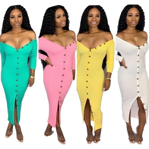 Adogirl Buttons Up Knitted Dress Women Sexy V Neck Long Sleeve Off Shoulder Night Club Party Bodycon Midi Dress Ribbed Vestidos