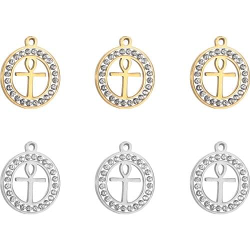 10pcs/Lot Real Stainless Steel Cross Charms Round Zircon Pendants for DIY Making Necklace Bracelet Fashion Jewelry