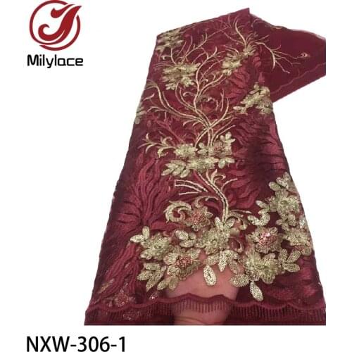 France Nigeria Lace Fabric Embroidery Tulle Fabric High Quality Nigerian Sequins Lace Fabrics for Wedding 5yard/lot NXW-306