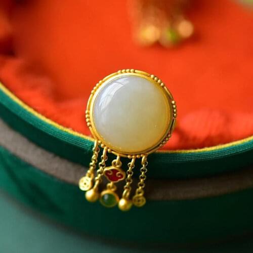 Natural Hetian Jade Ring Special-Interest Design Retro Ethnic Style Tassel round Egg Noodles Open Ring Female Graceful Temperame